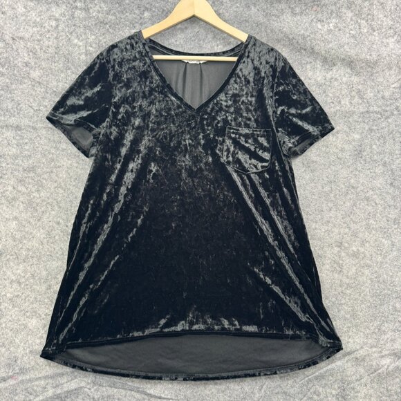 Spring + Mercer Top Womens XL Black Crushed Velvet V Neck Legging Tee Pocket - Picture 1 of 8